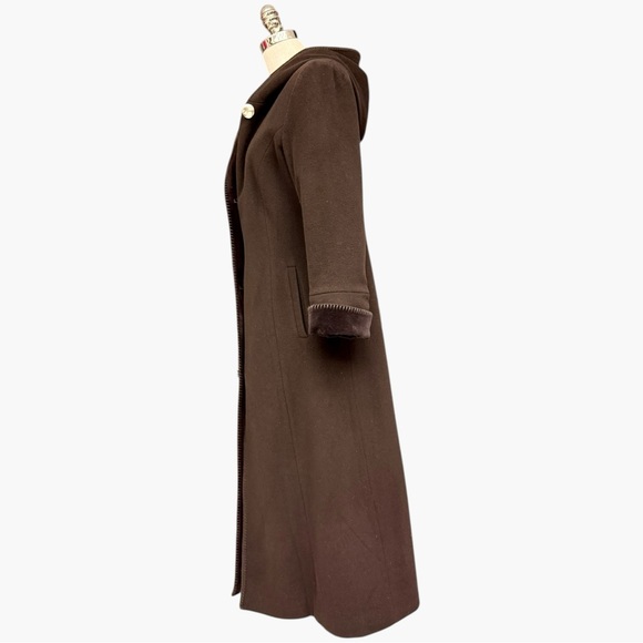 Vintage Albert Nipon Dark Brown Hooded Wool Long Winter Coat Velvet Trim Size 10 - Picture 5 of 13